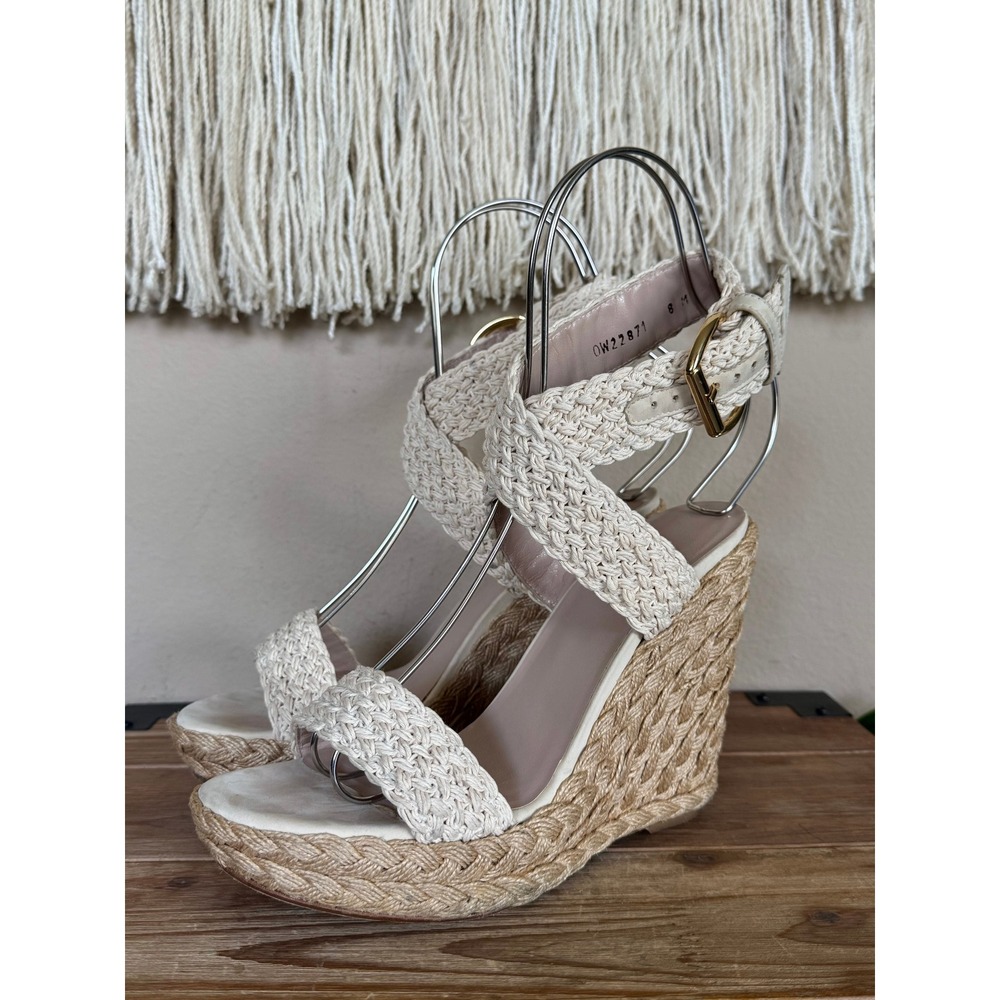 Stuart Weitzman Alex Ivory Crochet Espadrille Platform Wedge Sandals Size 8